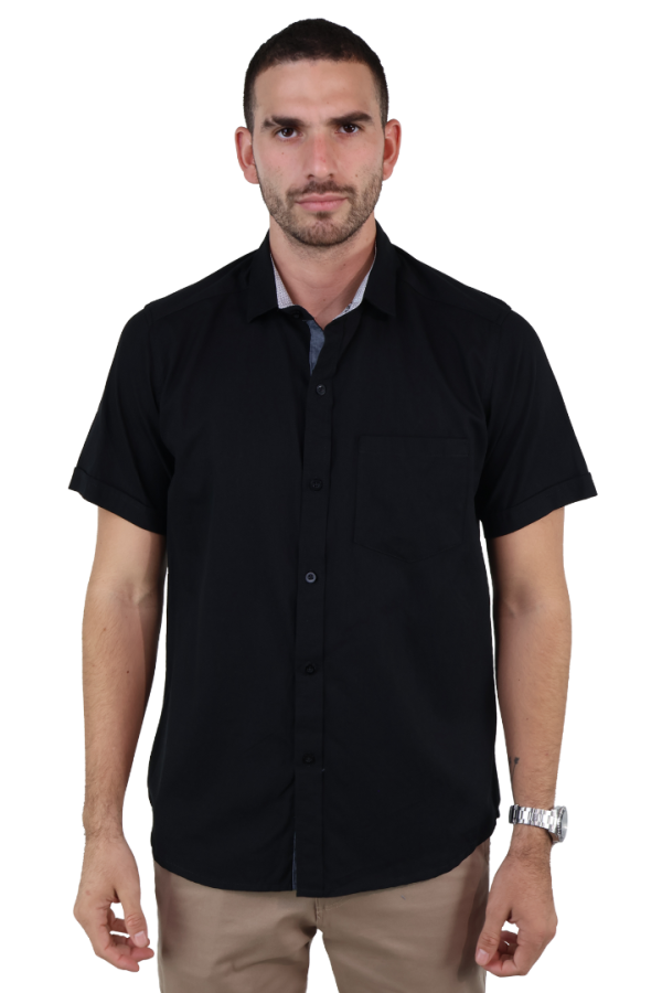 Camisa De Algodón Manga Corta Color Negro Slim Fit Con Bolsa Para Hombre